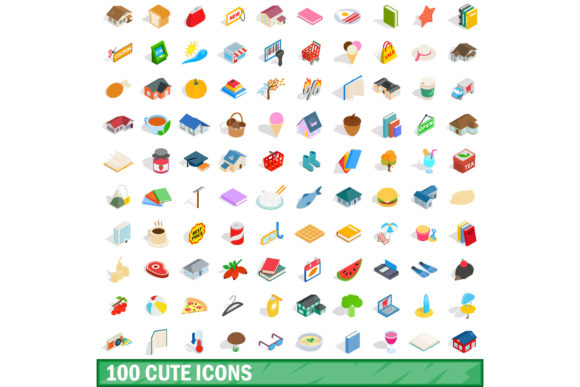 100 Cute Icons Set Isometric 3d Style for Modern Design