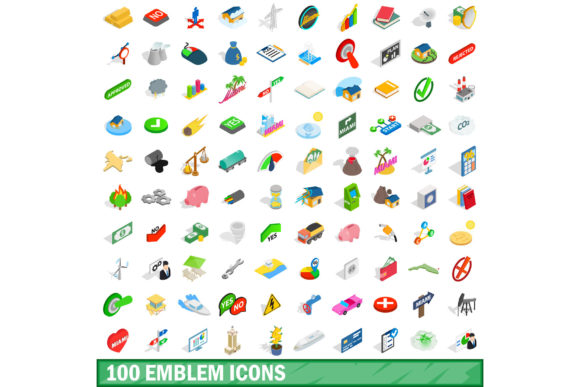 100 Emblem Icons Set, Isometric 3d Style