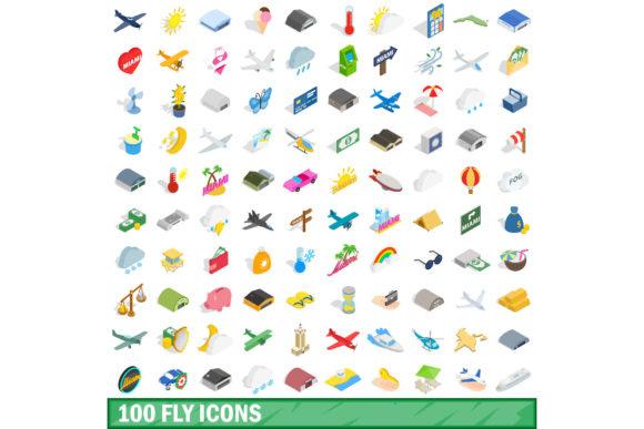 100 Fly Icons Set, Isometric 3d Style