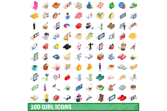 100 Girl Icons Set Isometric 3D Style Essentials