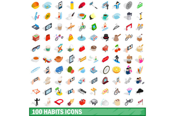 100 Habits Icons Set in Isometric 3D Style