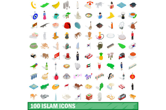 100 Islam Icons Set in Isometric 3D Style