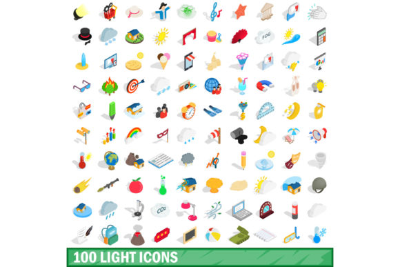 100 Light Icons Set, Isometric 3D Style
