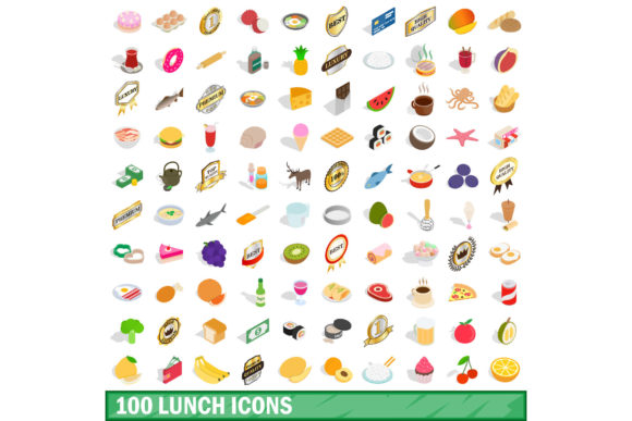 100 Lunch Icons Set, Isometric 3D Style