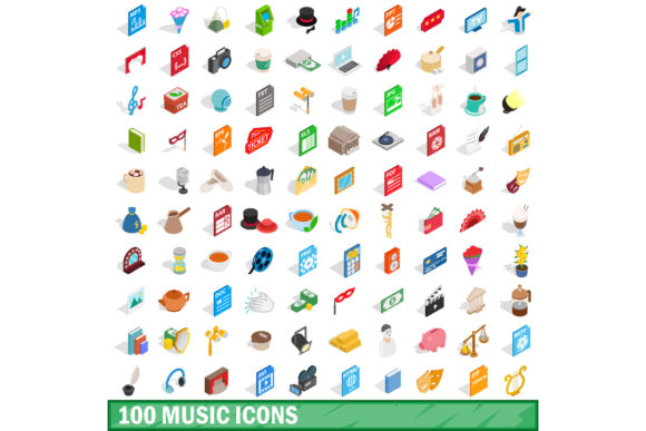 100 Music Icons Set: Isometric 3D Style
