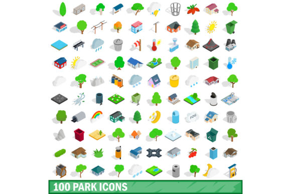 100 Park Icons Set, Isometric 3D Style