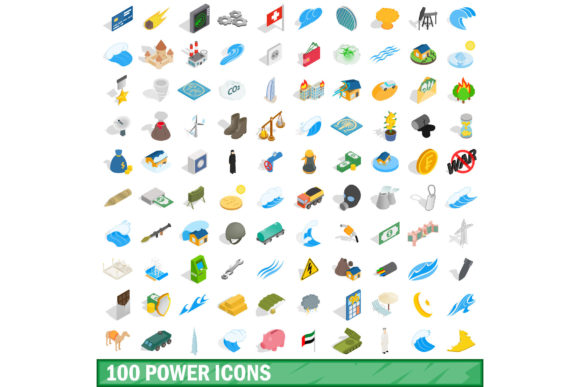 100 Power Icons Set, Isometric 3D Style