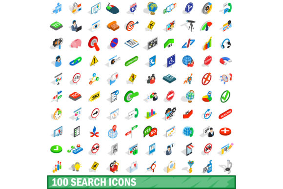 100 Search Icons Set, Isometric 3D Style