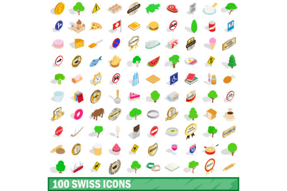 100 Swiss Icons Set, Isometric 3D Style