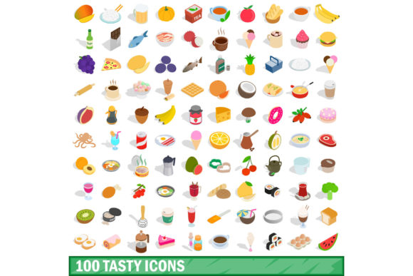 100 Tasty Icons Set, Isometric 3D Style