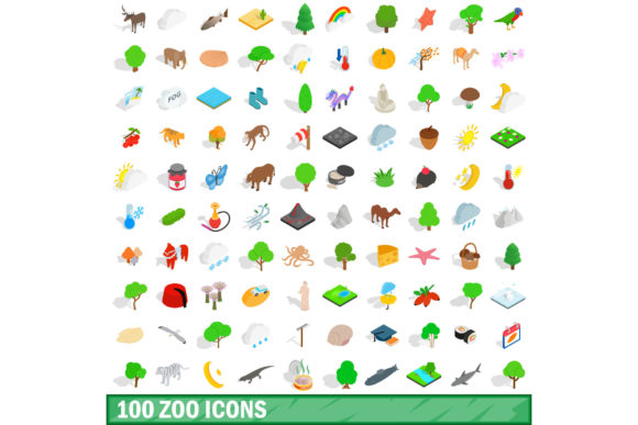 100 Zoo Icons Set: Isometric 3D Style